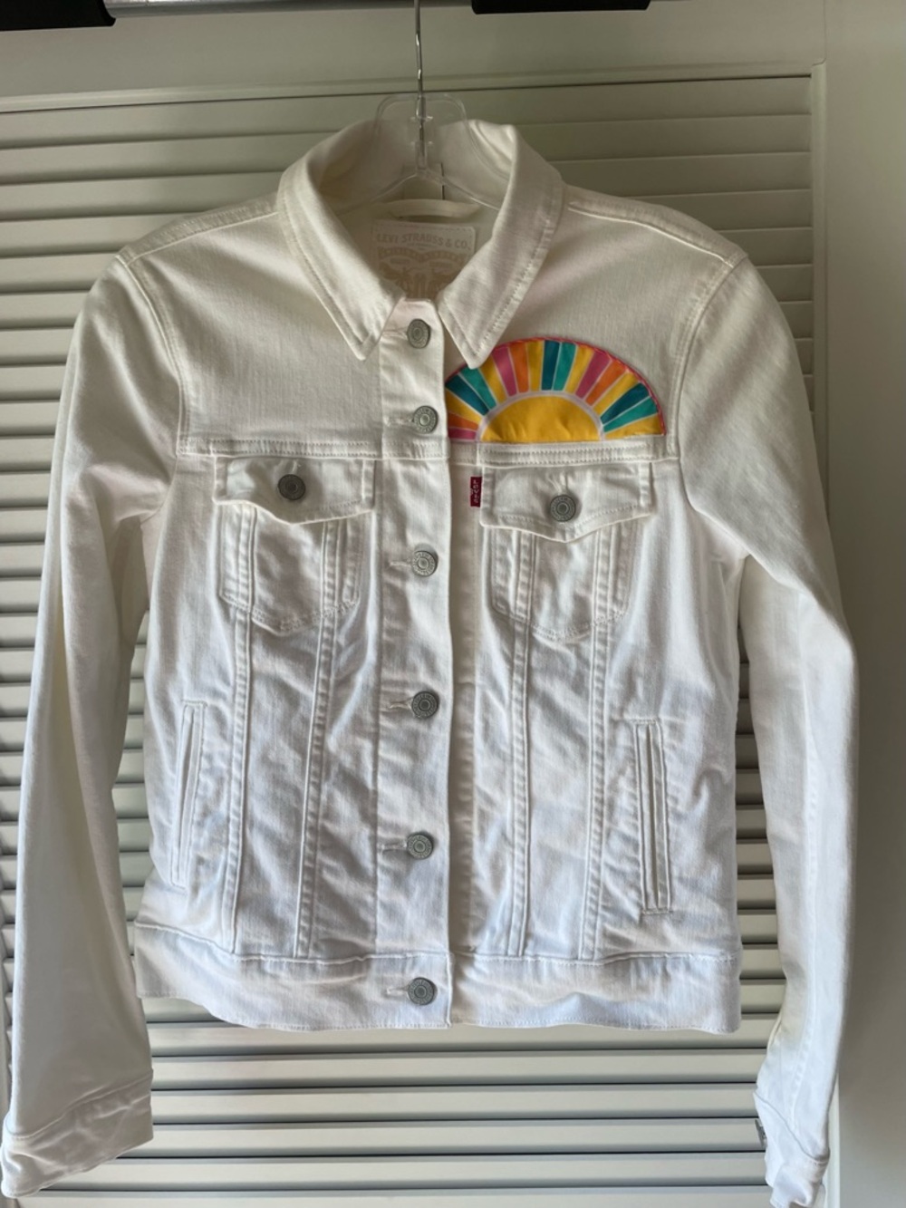 Levi's White Denim Jacket with customized Sunburst design